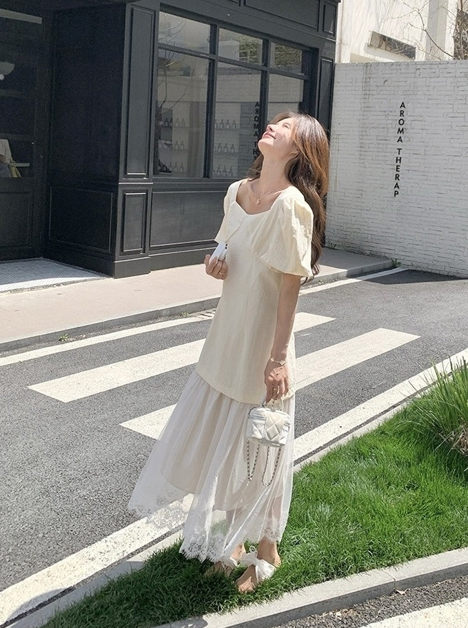 Elegant Layered Mesh Puff Sleeve Maxi Dress