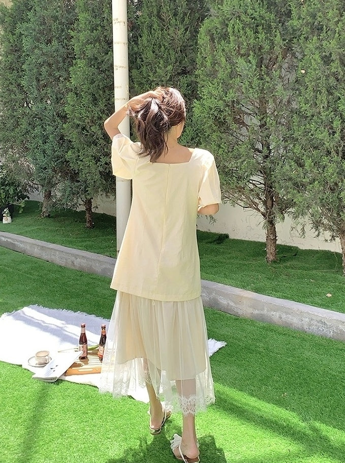 Elegant Layered Mesh Puff Sleeve Maxi Dress