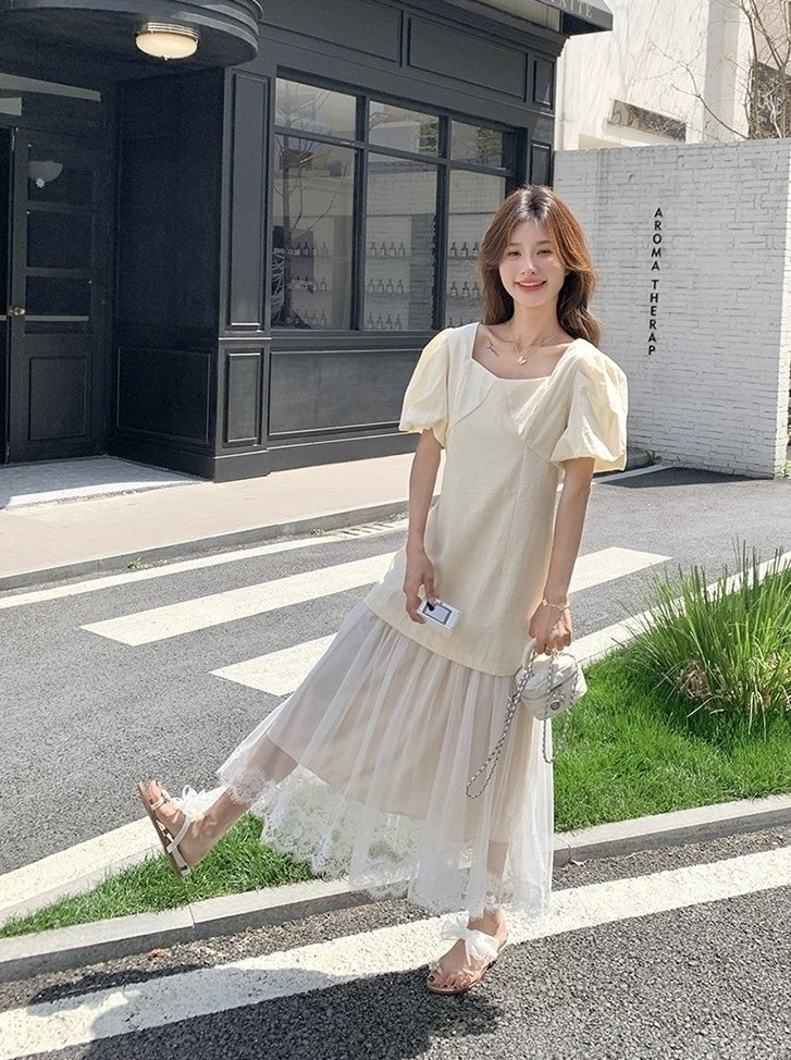 Elegant Layered Mesh Puff Sleeve Maxi Dress