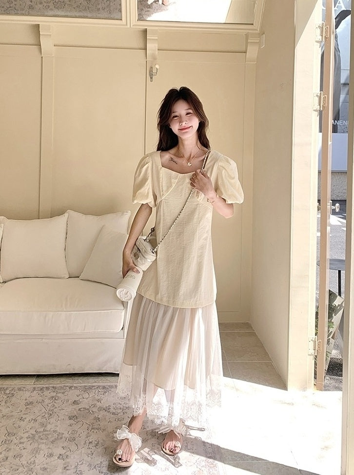 Elegant Layered Mesh Puff Sleeve Maxi Dress
