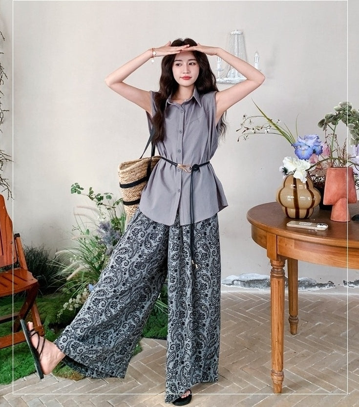 Elegant Loose Fit Sleeveless Shirt And Wide Leg Pants Set