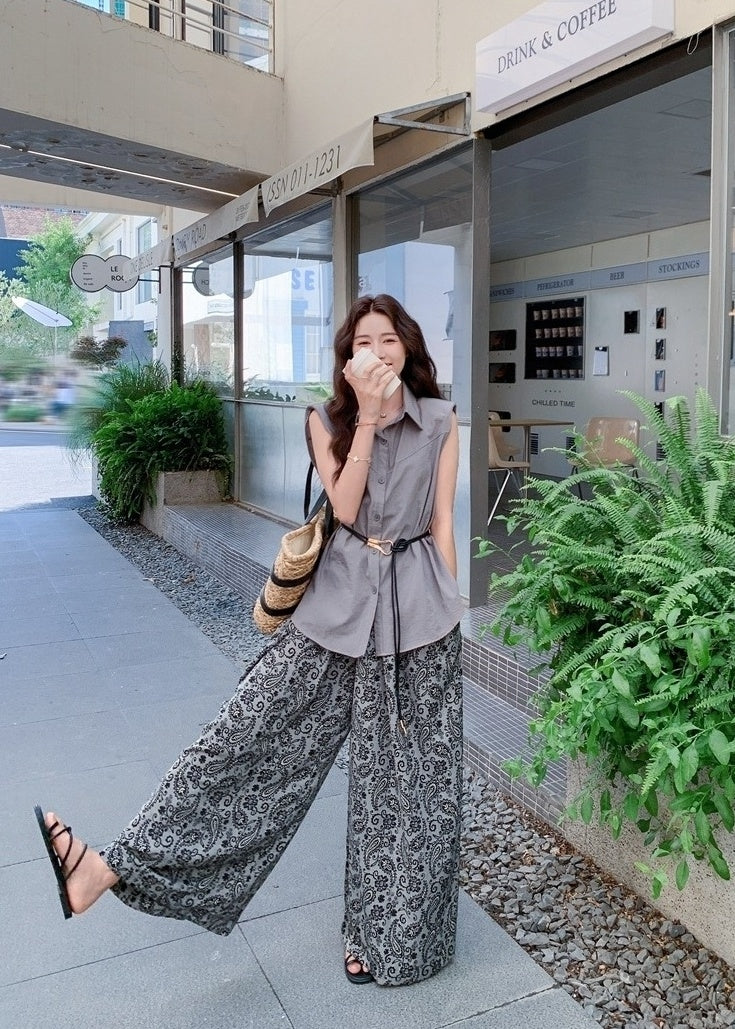 Elegant Loose Fit Sleeveless Shirt And Wide Leg Pants Set