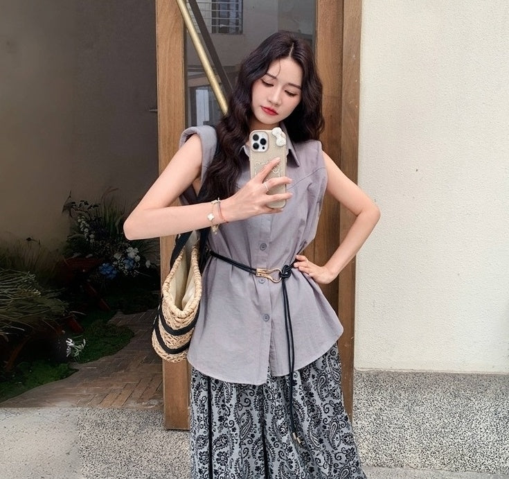 Elegant Loose Fit Sleeveless Shirt And Wide Leg Pants Set