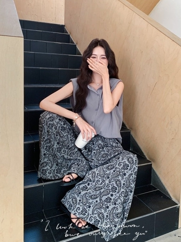 Elegant Loose Fit Sleeveless Shirt And Wide Leg Pants Set