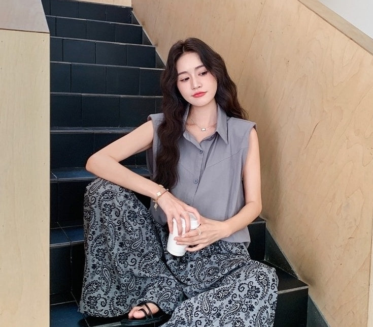 Elegant Loose Fit Sleeveless Shirt And Wide Leg Pants Set
