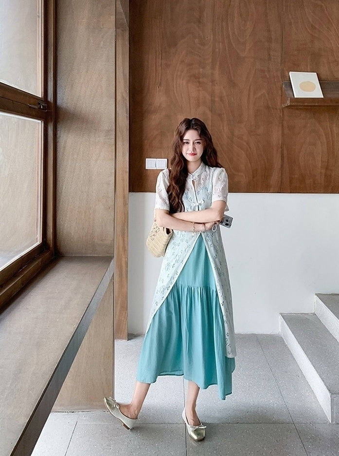 Elegant Mandarin Collar Layered Dress Set