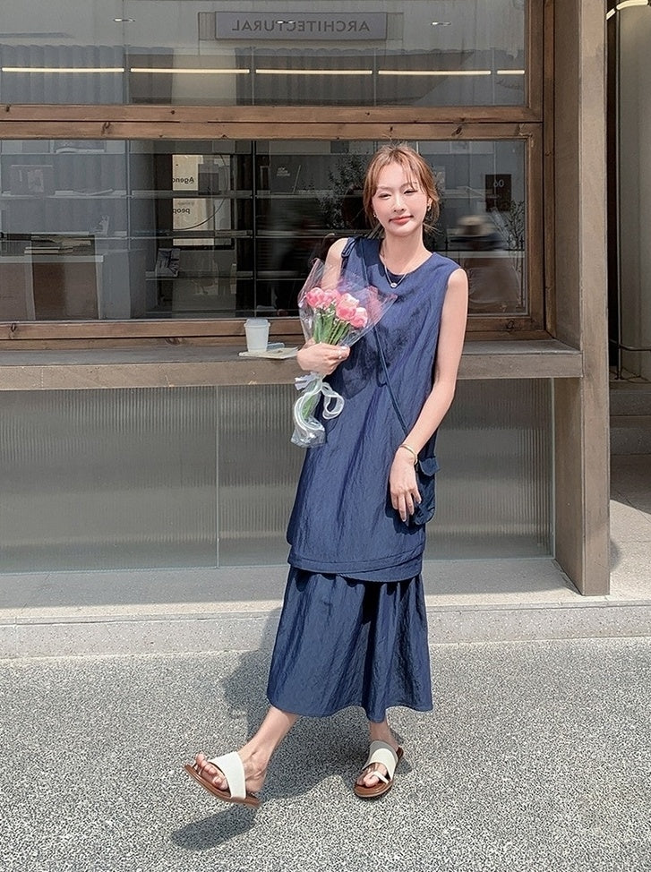 Elegant Navy Layered Casual Design Maxi Dress