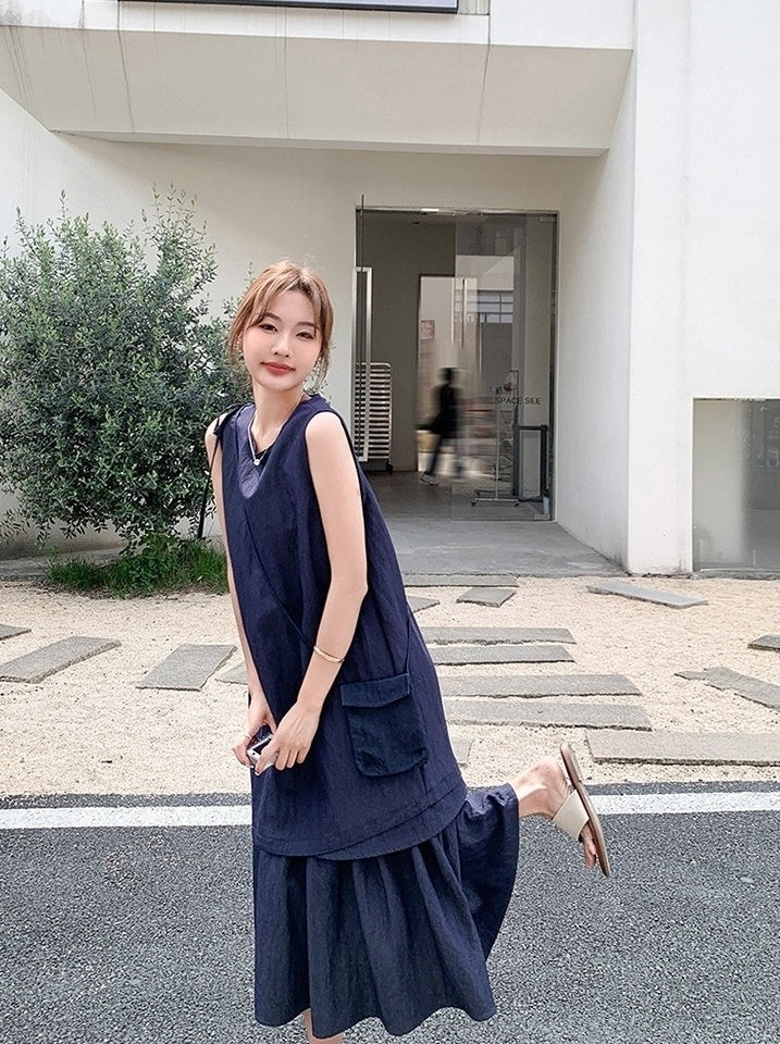 Elegant Navy Layered Casual Design Maxi Dress
