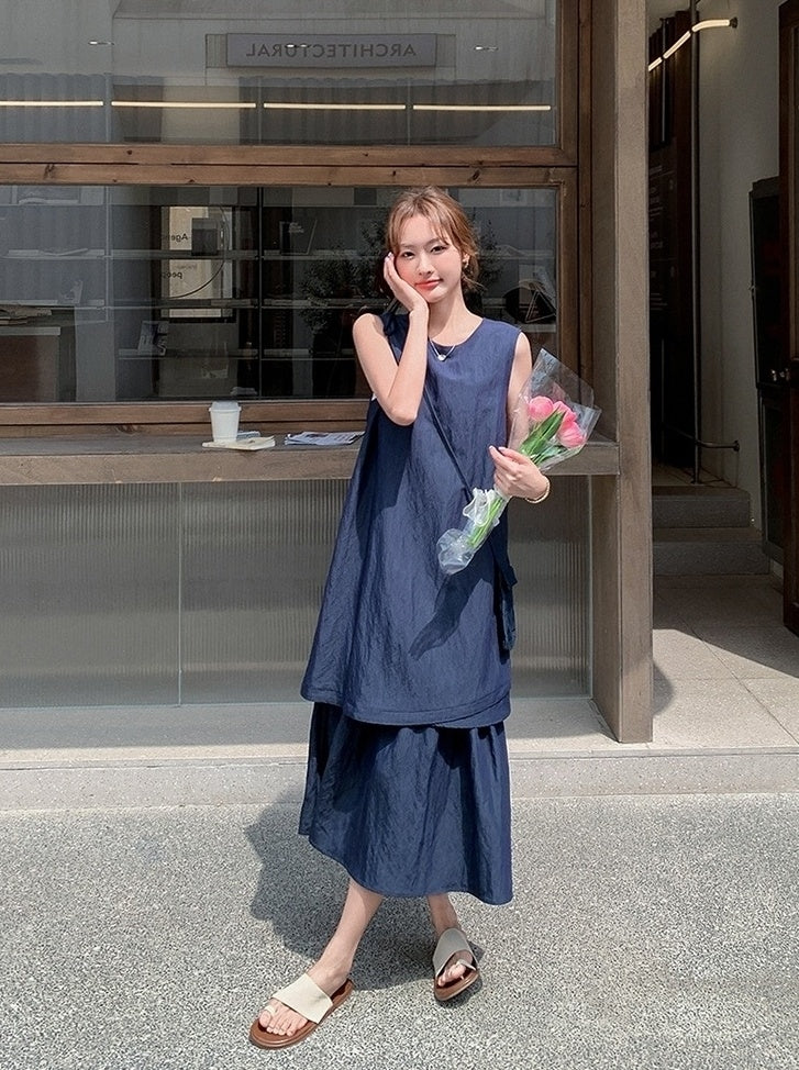 Elegant Navy Layered Casual Design Maxi Dress