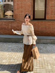 Elegant Off Shoulder Knit Top And Skirt Set