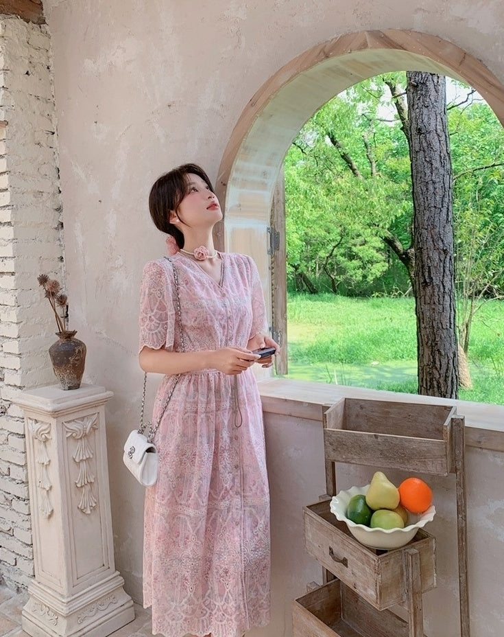 Elegant Pink Floral Print Casual Long Dress