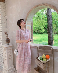 Elegant Pink Floral Print Casual Long Dress