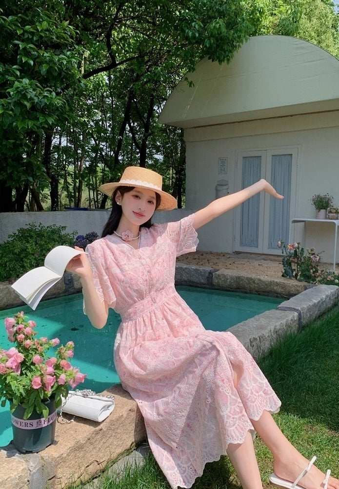 Elegant Pink Floral Print Casual Long Dress