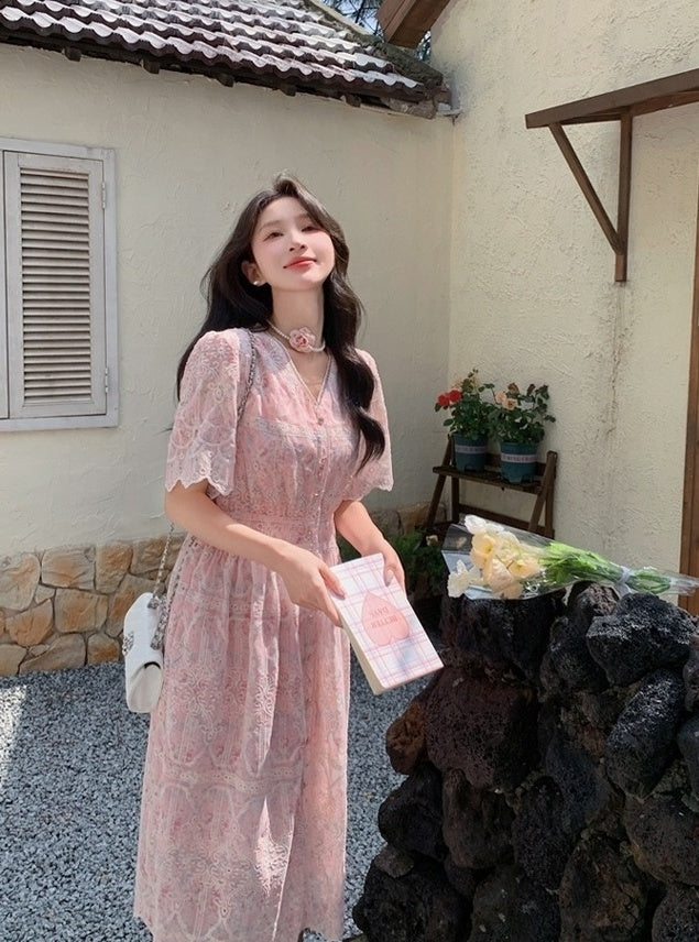Elegant Pink Floral Print Casual Long Dress