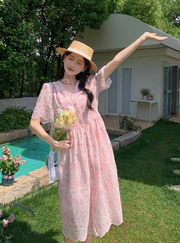 Elegant Pink Floral Print Casual Long Dress