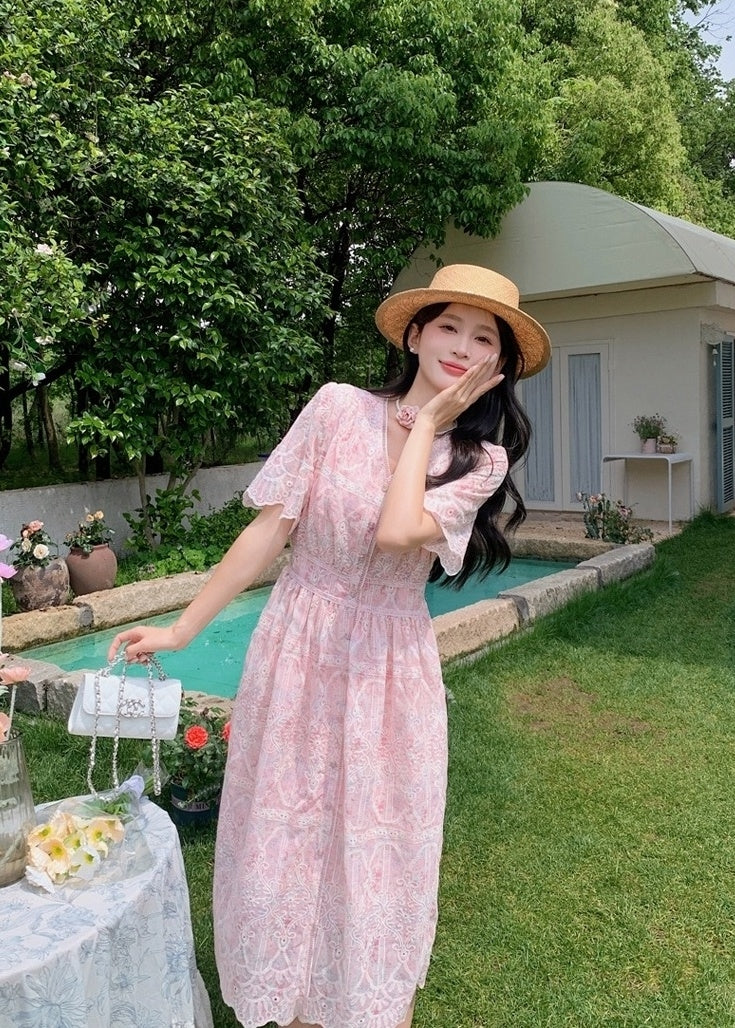 Elegant Pink Floral Print Casual Long Dress