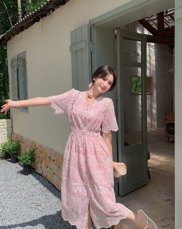 Elegant Pink Floral Print Casual Long Dress