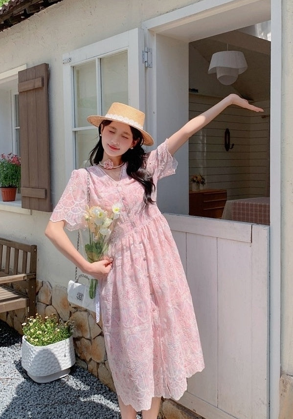 Elegant Pink Floral Print Casual Long Dress
