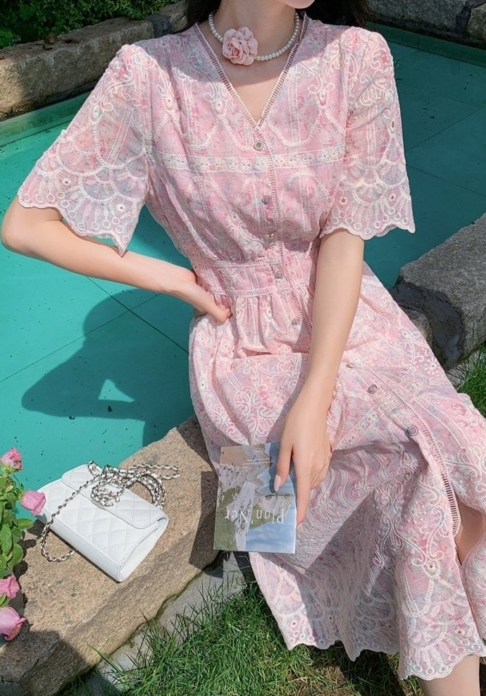 Elegant Pink Floral Print Casual Long Dress