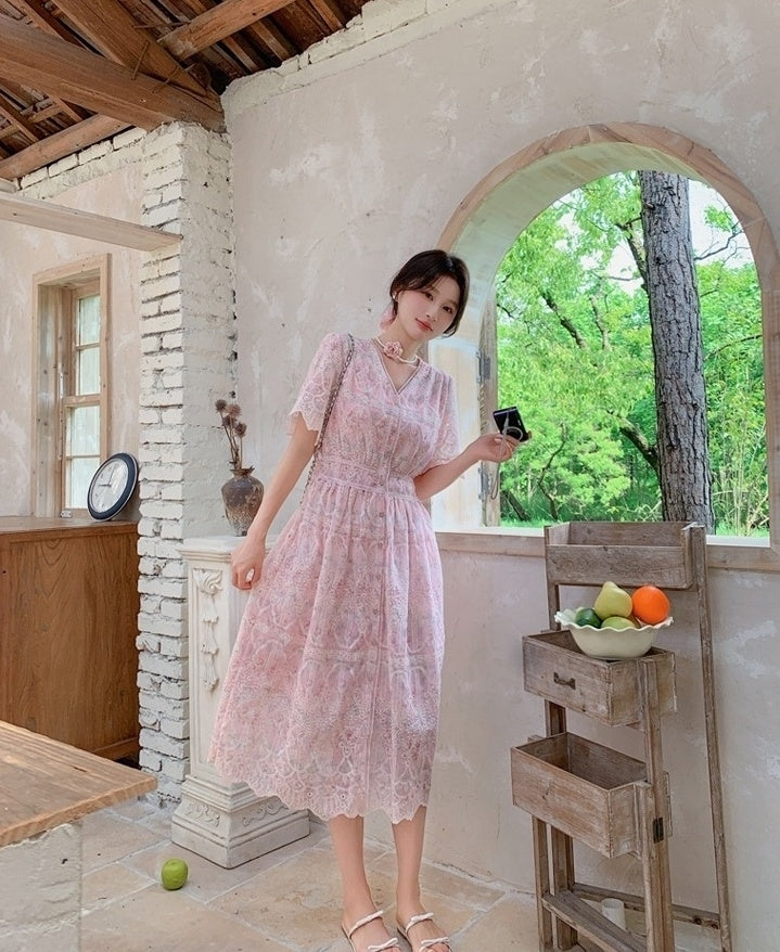 Elegant Pink Floral Print Casual Long Dress