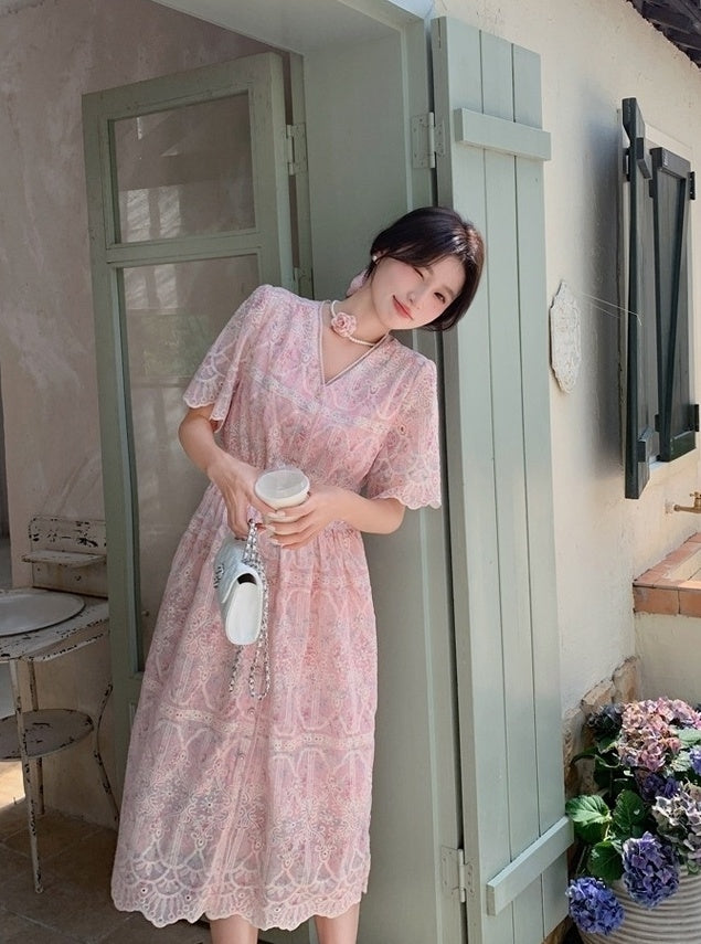 Elegant Pink Floral Print Casual Long Dress