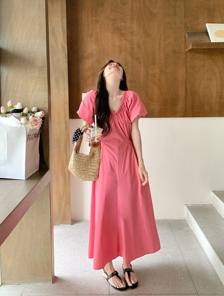 Elegant Pink French Puff Sleeve Long Dress