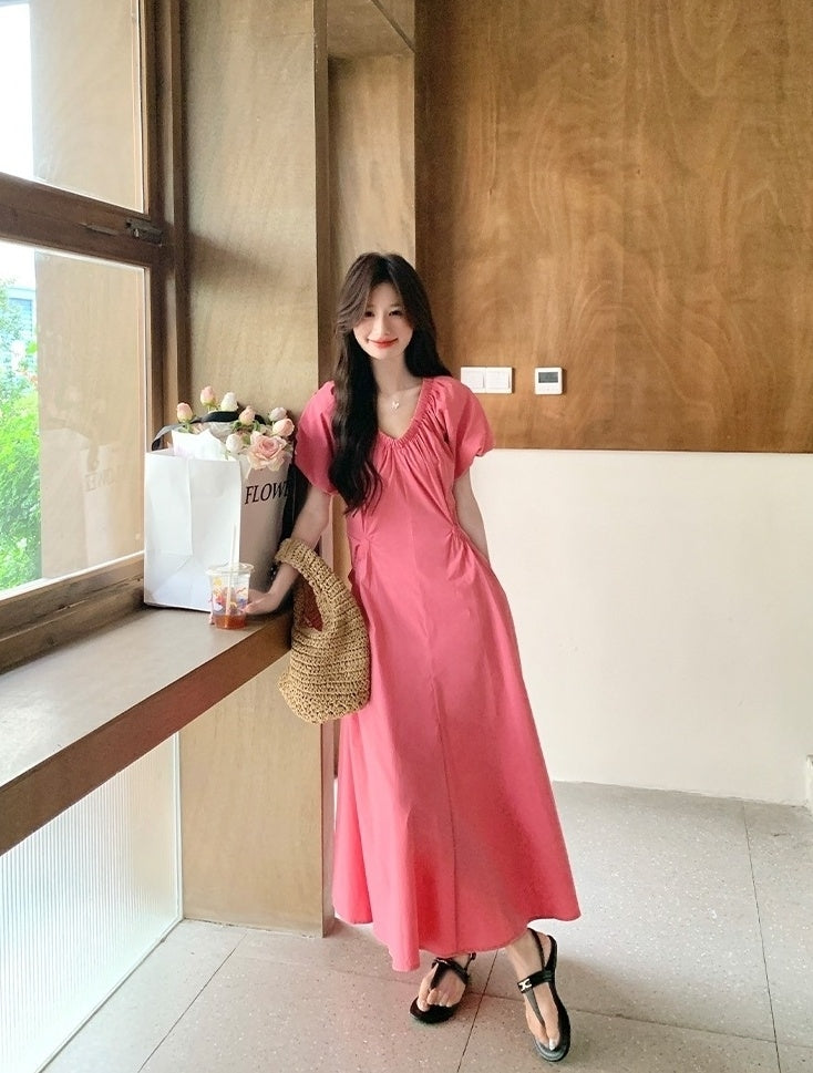 Elegant Pink French Puff Sleeve Long Dress