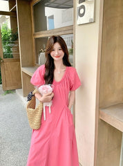 Elegant Pink French Puff Sleeve Long Dress