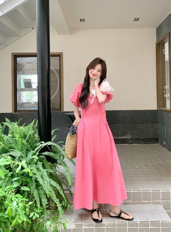 Elegant Pink French Puff Sleeve Long Dress