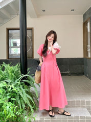 Elegant Pink French Puff Sleeve Long Dress