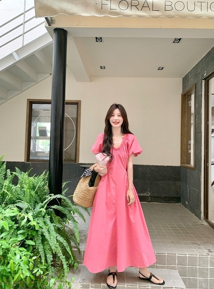 Elegant Pink French Puff Sleeve Long Dress