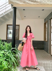 Elegant Pink French Puff Sleeve Long Dress