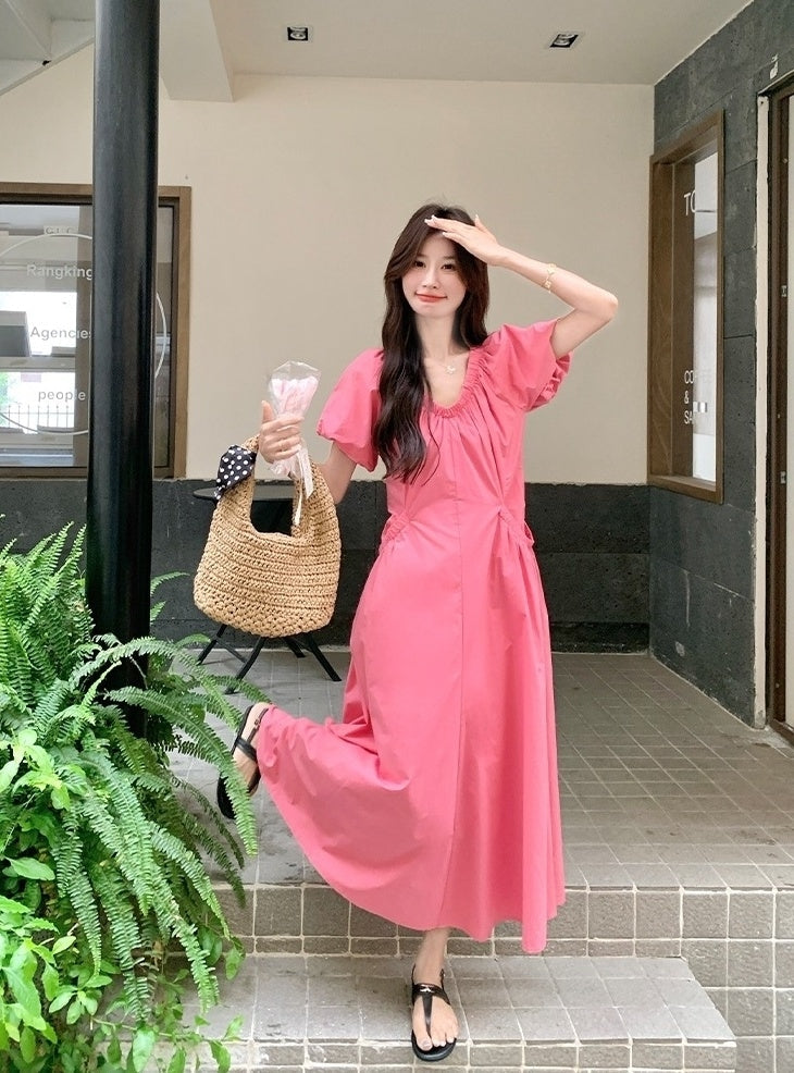 Elegant Pink French Puff Sleeve Long Dress