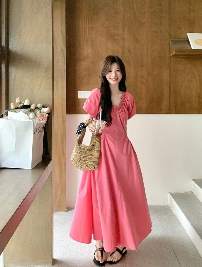 Elegant Pink French Puff Sleeve Long Dress