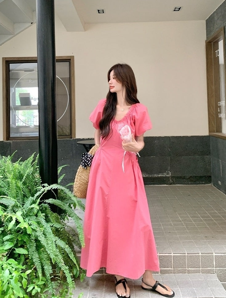 Elegant Pink French Puff Sleeve Long Dress