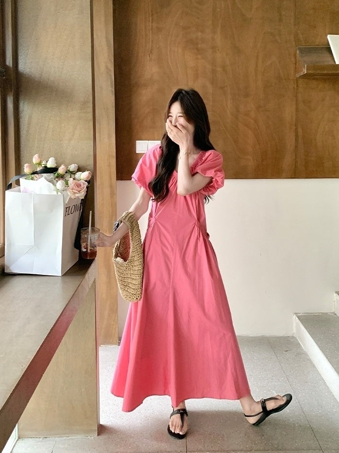 Elegant Pink French Puff Sleeve Long Dress