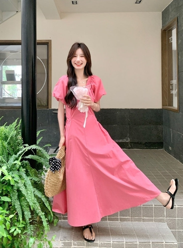 Elegant Pink French Puff Sleeve Long Dress