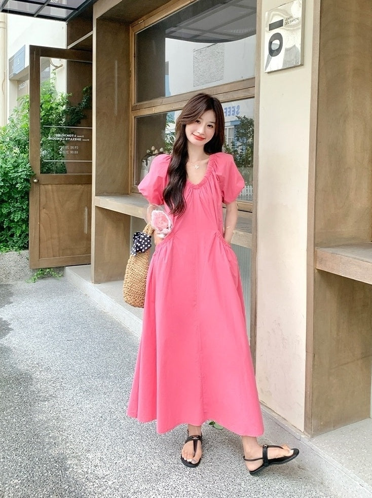 Elegant Pink French Puff Sleeve Long Dress