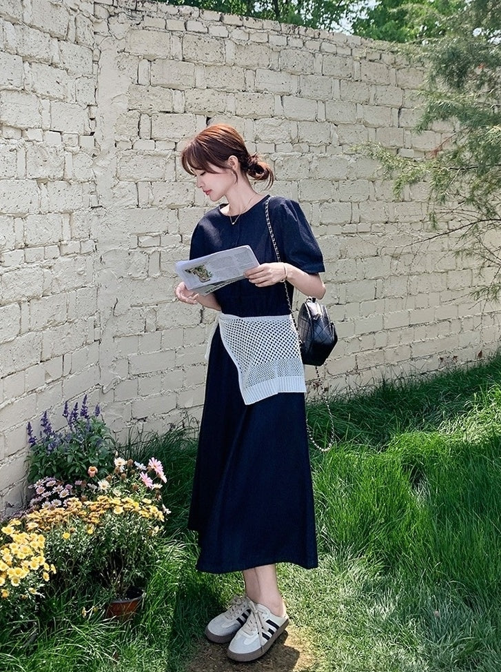 Elegant Puff Sleeve Denim Dress With Knit Shawl