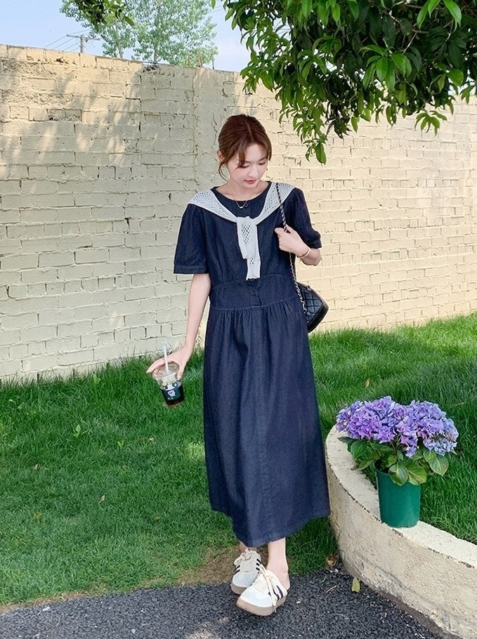 Elegant Puff Sleeve Denim Dress With Knit Shawl