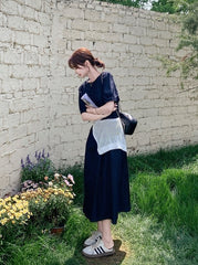 Elegant Puff Sleeve Denim Dress With Knit Shawl