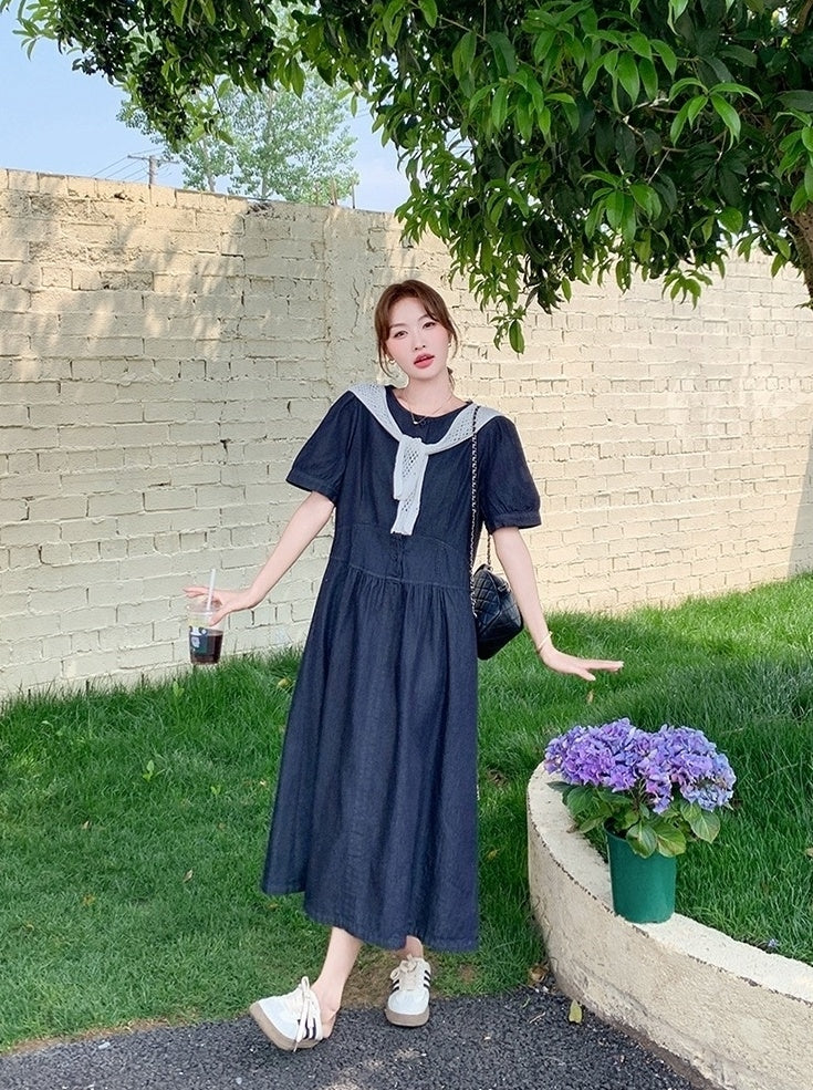 Elegant Puff Sleeve Denim Dress With Knit Shawl