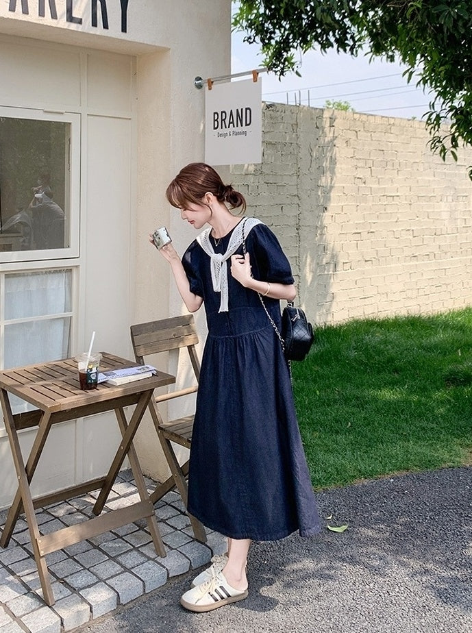 Elegant Puff Sleeve Denim Dress With Knit Shawl
