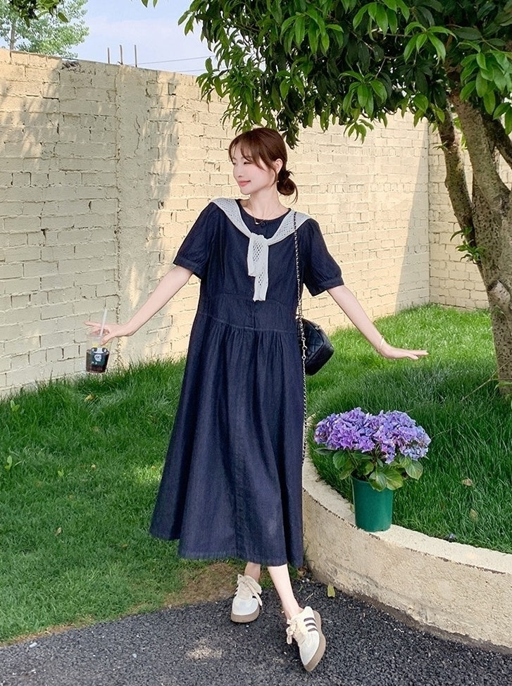 Elegant Puff Sleeve Denim Dress With Knit Shawl