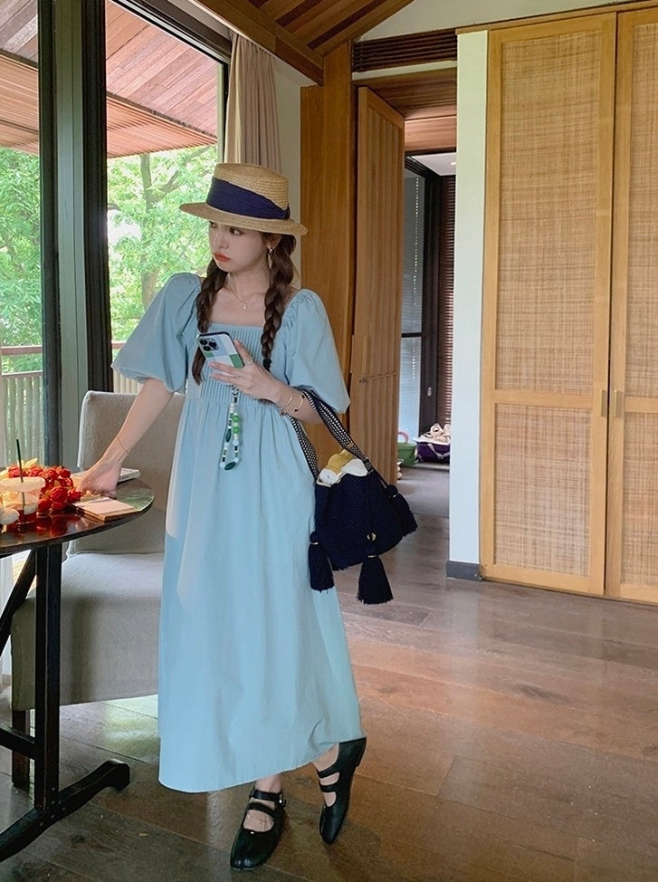 Elegant Puff Sleeve High Waist Long Dress