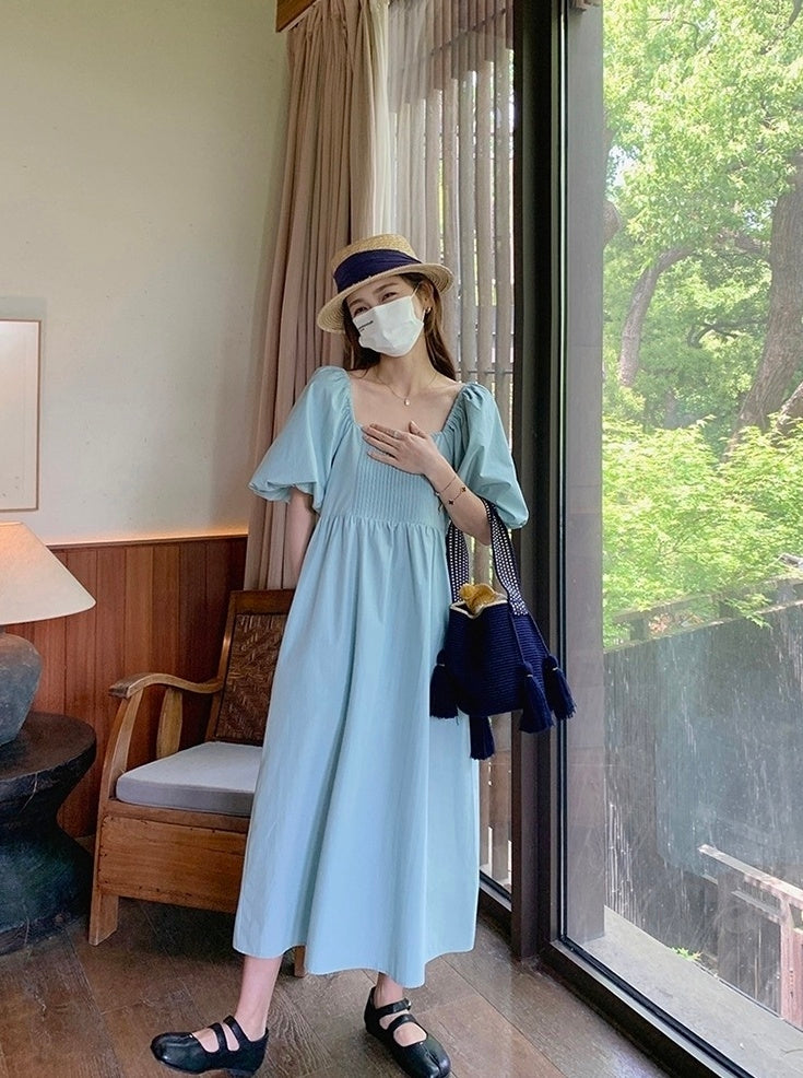 Elegant Puff Sleeve High Waist Long Dress