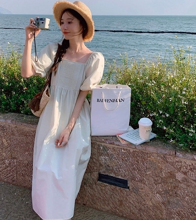 Elegant Puff Sleeve High Waist Long Dress