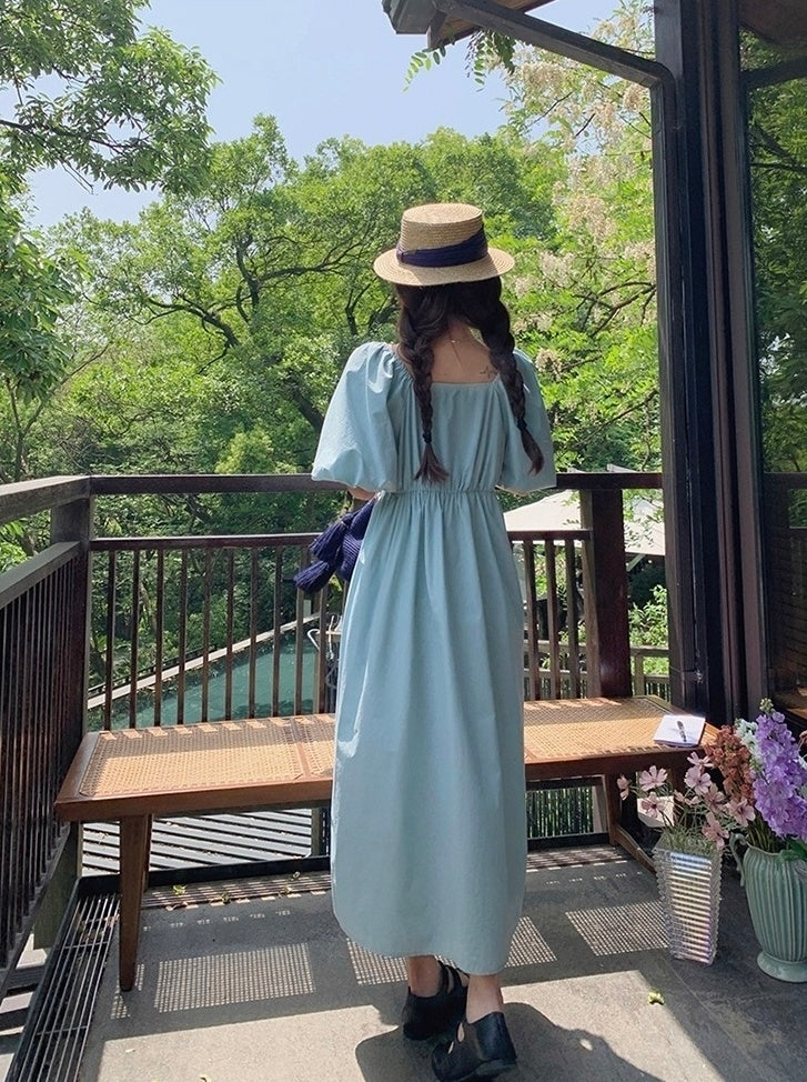 Elegant Puff Sleeve High Waist Long Dress