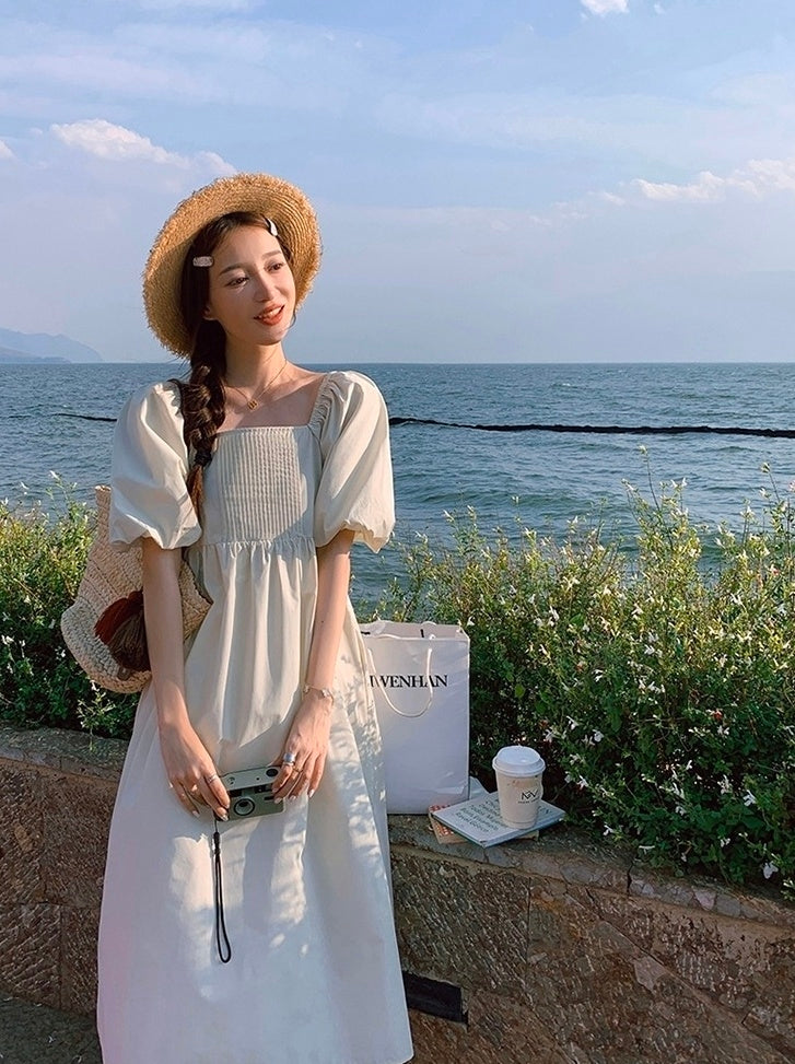 Elegant Puff Sleeve High Waist Long Dress