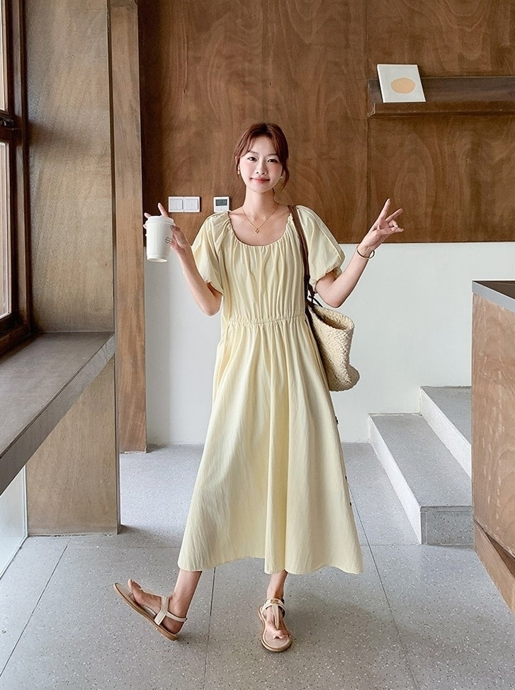 Elegant Puff Sleeve Waist Dress In Light Yellow